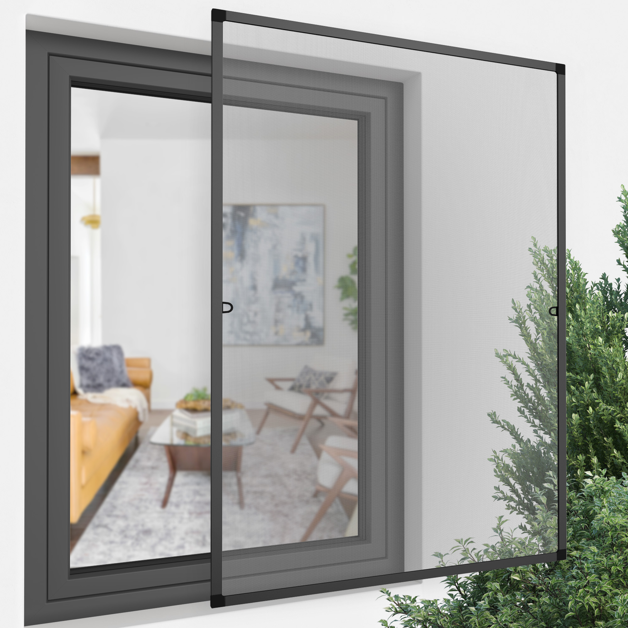 Insektenschutz-Spannrahmen für Fenster in Wohnumgebung montiert